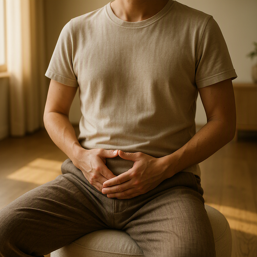 Hands resting gently on lower belly in Reiki hara hold