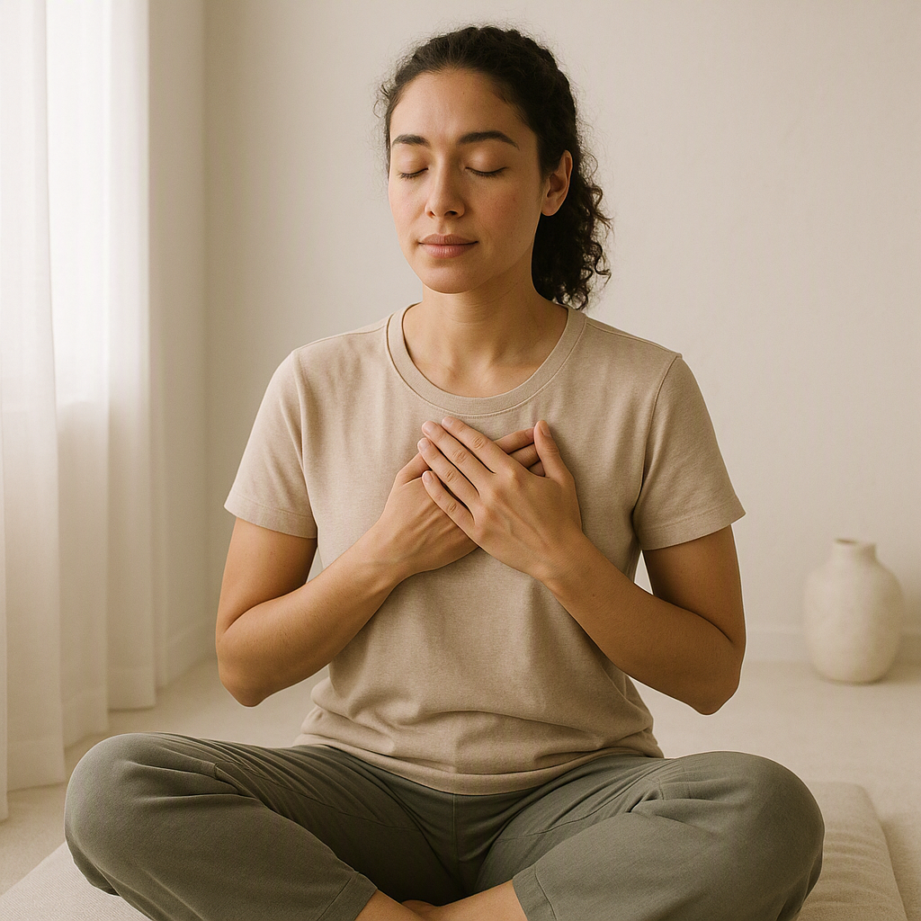Hands placed gently over heart center in Reiki practice